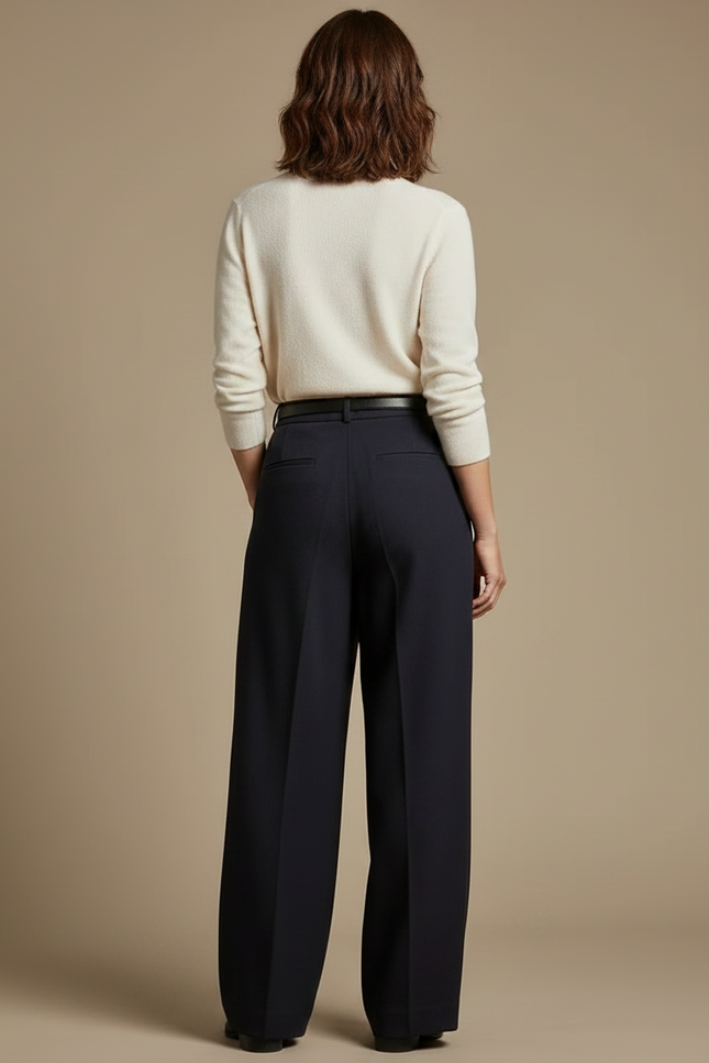 Pantalon À Pince Bleu Marine Ample Laine Plissé Élégant - vue 2