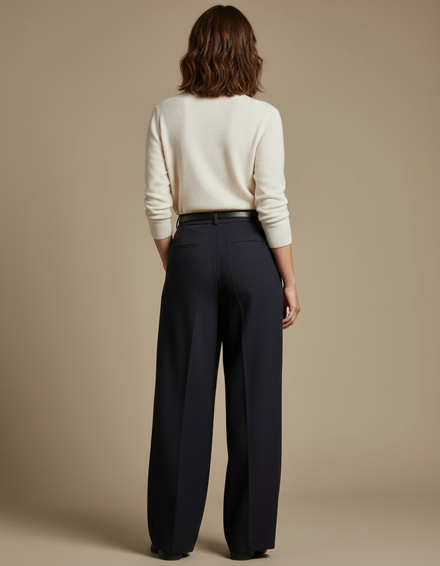 Pantalon À Pince Bleu Marine Ample Laine Plissé Élégant - vue 2