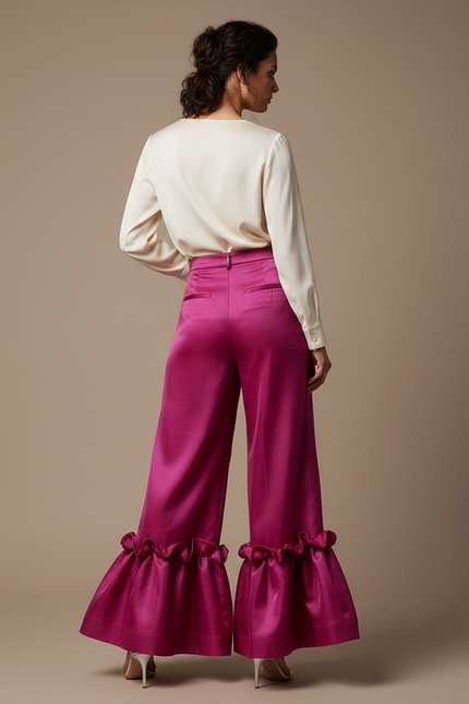 Pantalon À Pince Fuchsia Satiné Volants Évasé Élégant - Rose - vue 2