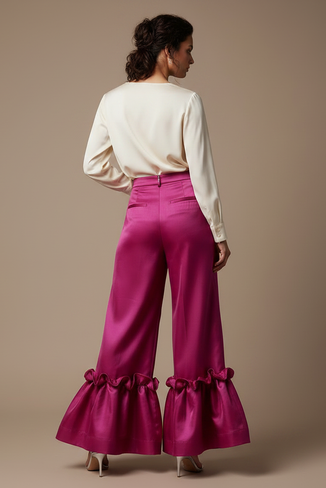 Pantalon À Pince Fuchsia Satiné Volants Évasé Élégant - Rose - vue 2