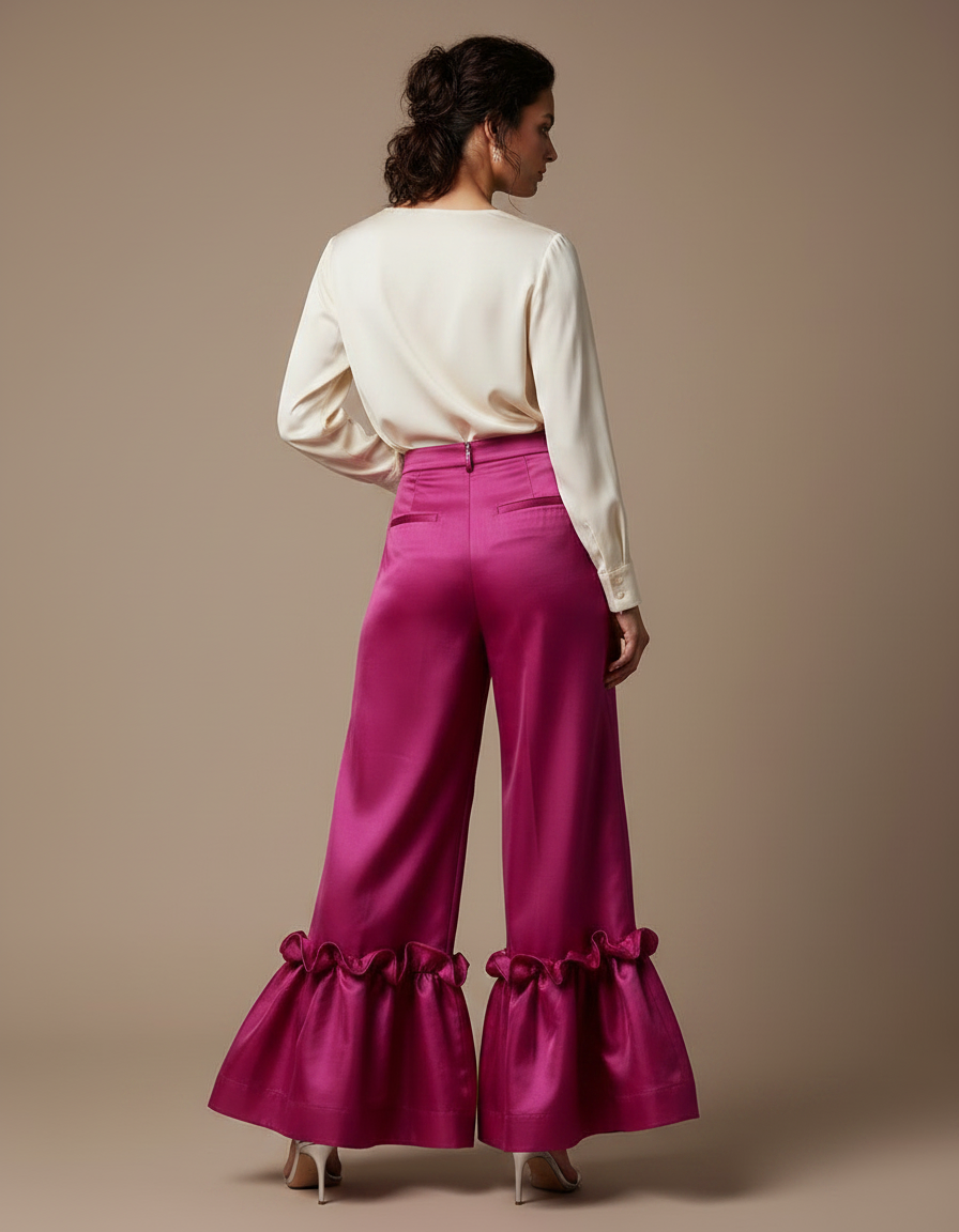 Pantalon À Pince Fuchsia Satiné Volants Évasé Élégant - Rose - vue 2
