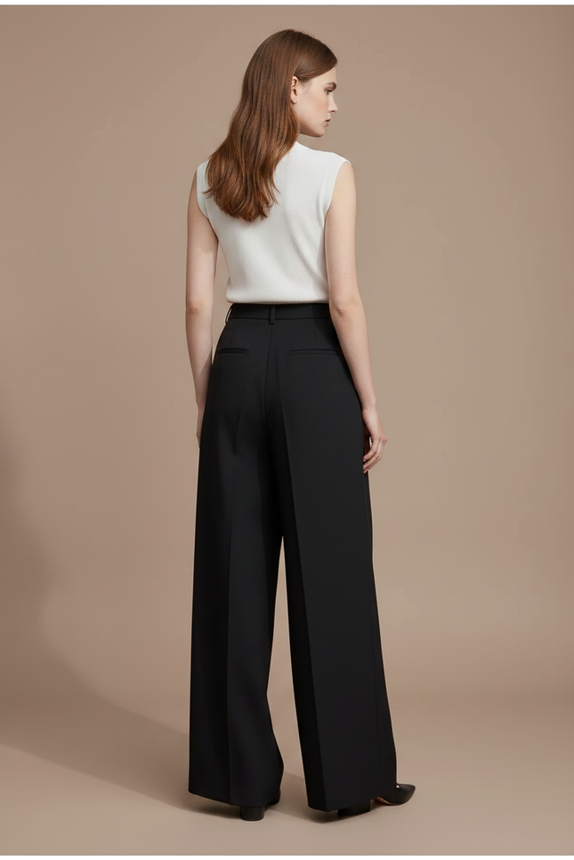 Pantalon À Pince Noir Ample Plissé Fluide Élégant - Polyester - vue 2