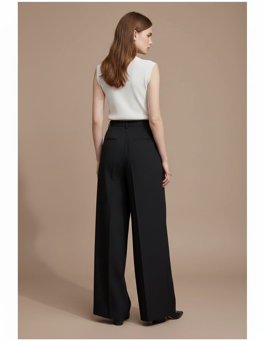 Pantalon À Pince Noir Ample Plissé Fluide Élégant - Polyester - vue 2