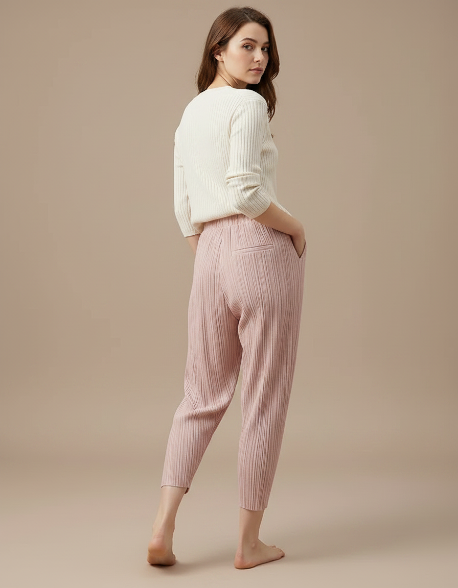Pantalon À Pince Rose Plissé Ample Décontracté Femme - Maille - vue 2