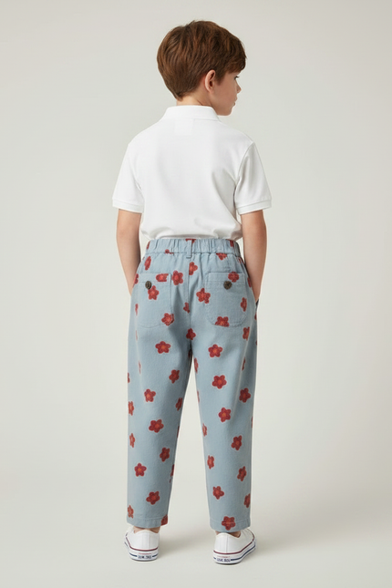 Pantalon À Pince Bleu Ciel Fleurs Rouges Ample Coton - Imprimé - vue 2