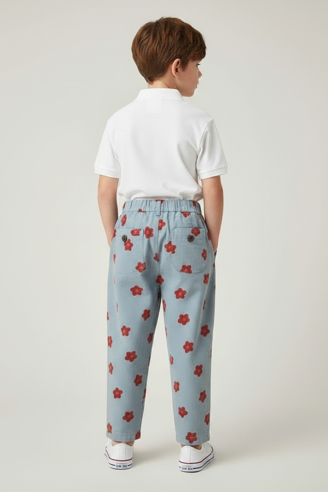 Pantalon À Pince Bleu Ciel Fleurs Rouges Ample Coton - Imprimé - vue 2