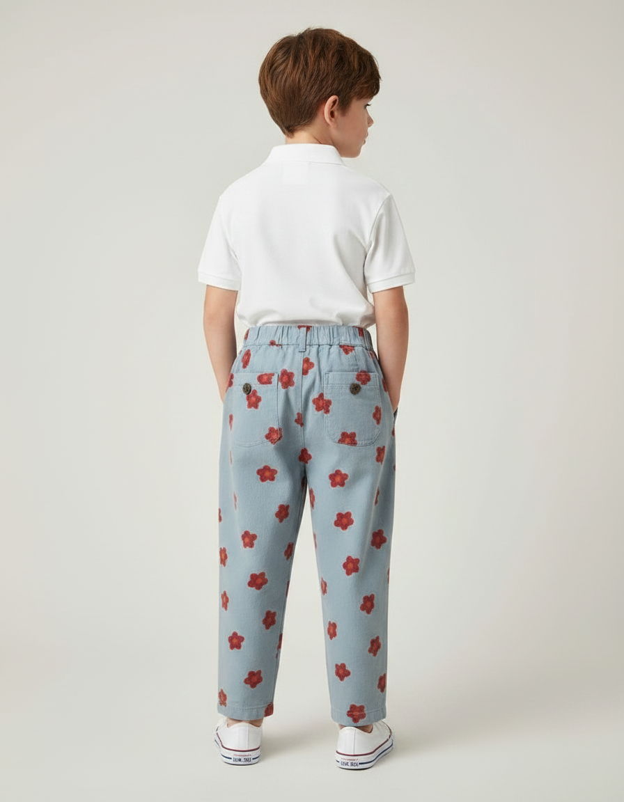 Pantalon À Pince Bleu Ciel Fleurs Rouges Ample Coton - Imprimé - vue 2