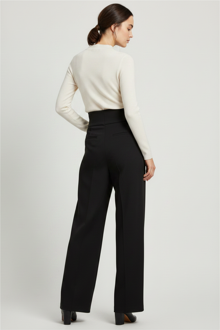 Pantalon À Pince Noir Taille Haute Large Chic - Gabardine - vue 2