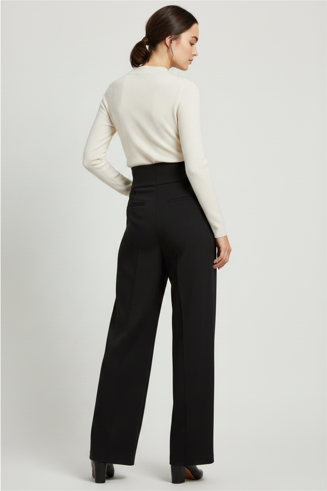 Pantalon À Pince Noir Taille Haute Large Chic - Gabardine - vue 2