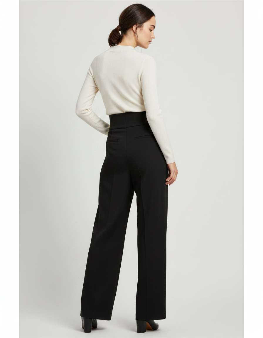 Pantalon À Pince Noir Taille Haute Large Chic - Gabardine - vue 2