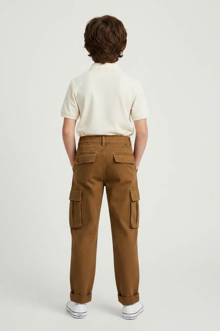 Pantalon À Pince Cargo Marron Ample Décontracté Enfant - Toile - vue 2