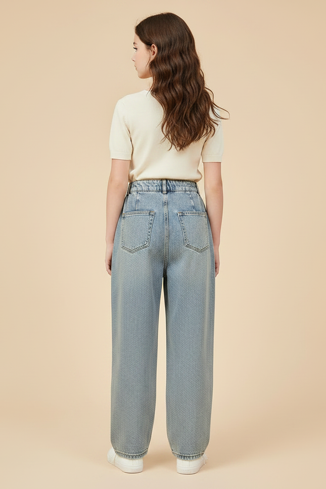 Pantalon À Pince Denim Ample Plissé Fille Décontracté - Bleu Jean - vue 2