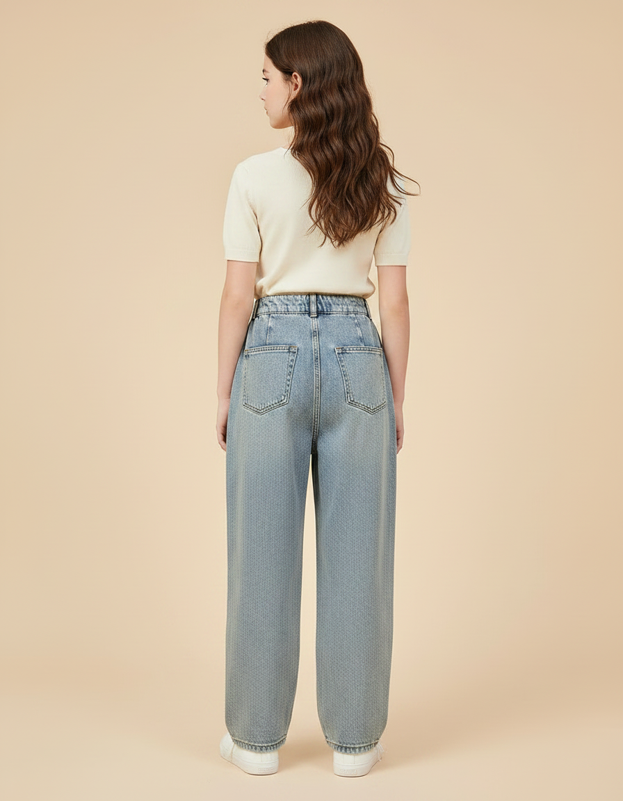 Pantalon À Pince Denim Ample Plissé Fille Décontracté - Bleu Jean - vue 2