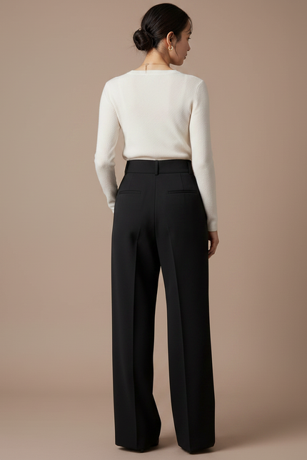 Pantalon À Pince Noir Ample Taille Haute Fluide Femme - Polyester - vue 2