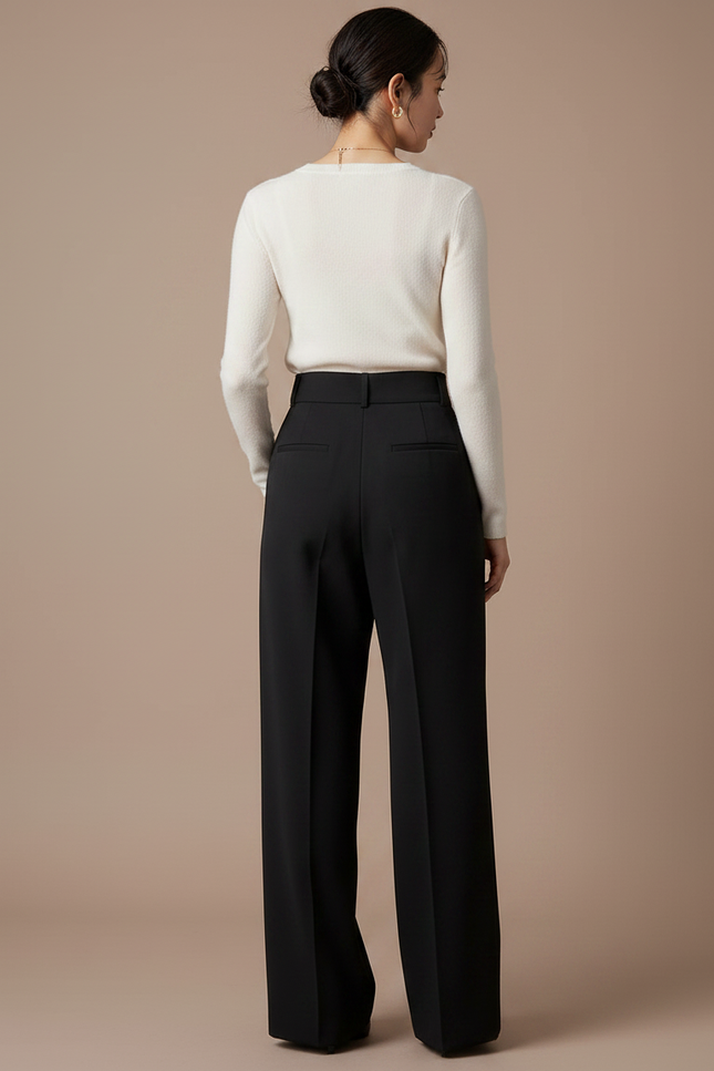 Pantalon À Pince Noir Ample Taille Haute Fluide Femme - Polyester - vue 2
