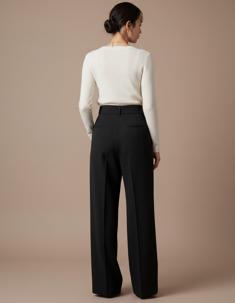 Pantalon À Pince Noir Ample Taille Haute Fluide Femme - Polyester - vue 2