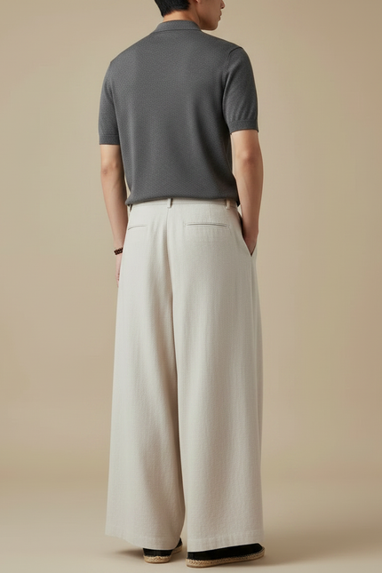 Pantalon À Pince Lin Ample Plissé Beige Homme - vue 2