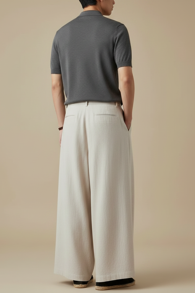 Pantalon À Pince Lin Ample Plissé Beige Homme - vue 2