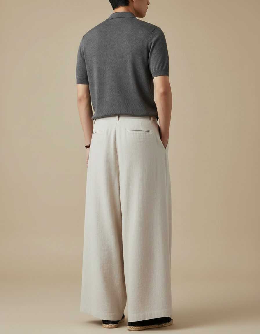 Pantalon À Pince Lin Ample Plissé Beige Homme - vue 2