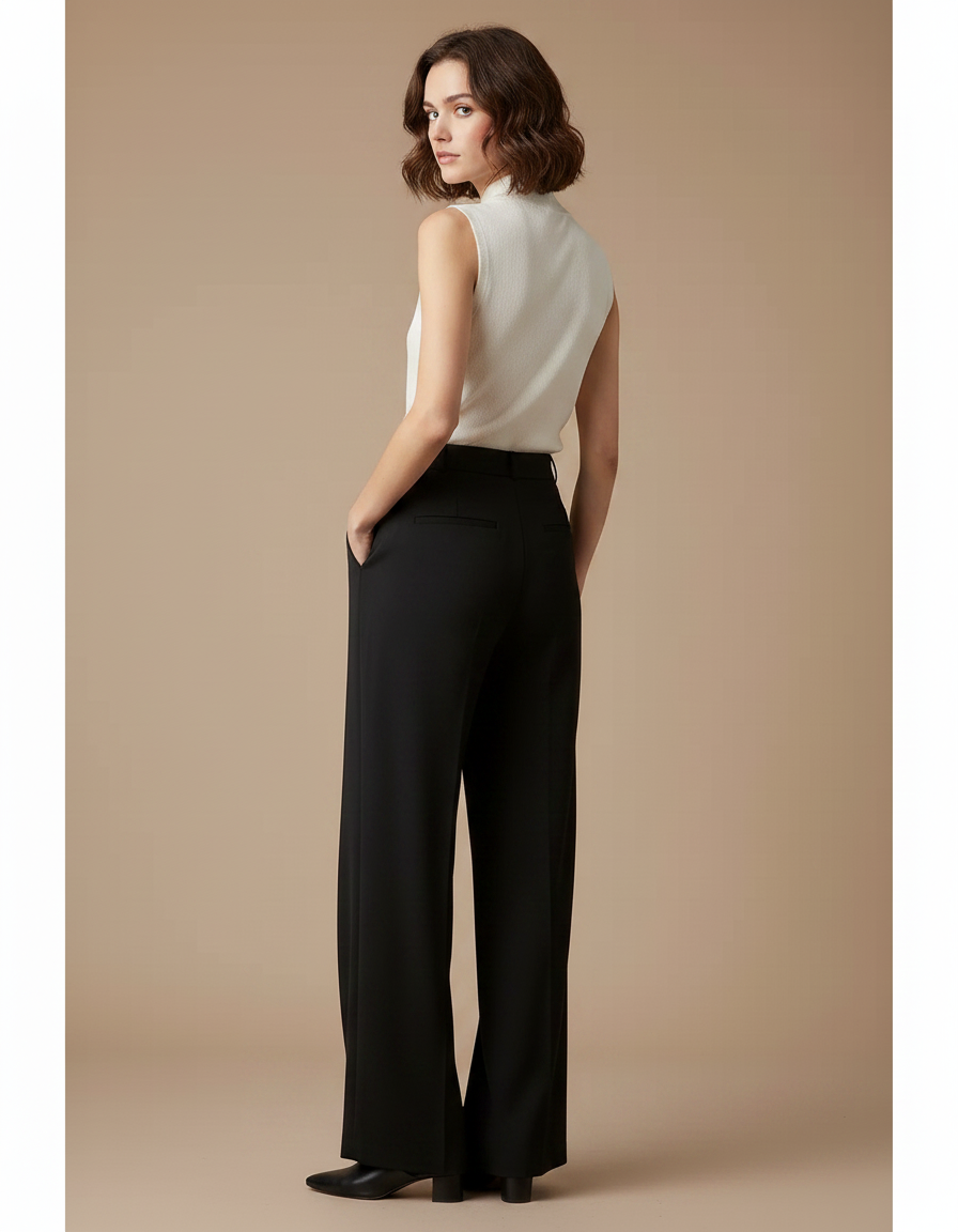 Pantalon À Pince Noir Fluide Plissé Décontracté Femme - Polyester - vue 2