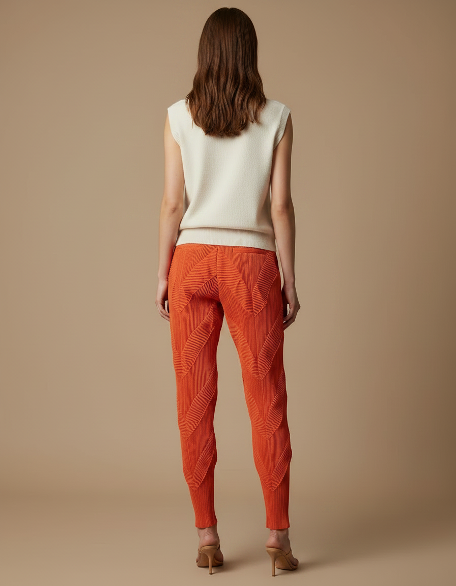 Pantalon À Pince Plissé Orange Sculptural Élastique - Polyester - vue 2