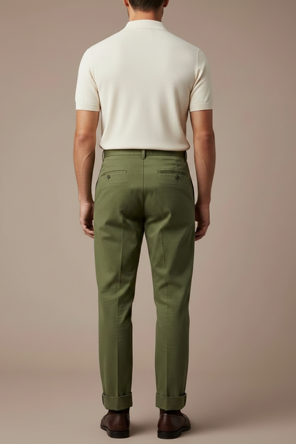 Pantalon À Pince Kaki Coton Plissé Décontracté Ajustable - vue 2