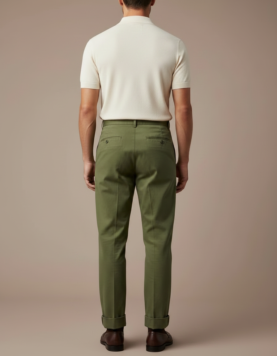 Pantalon À Pince Kaki Coton Plissé Décontracté Ajustable - vue 2