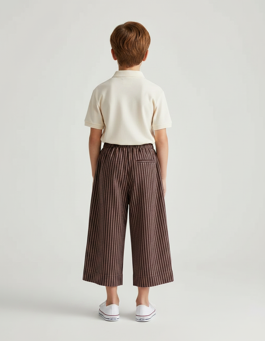 Pantalon À Pince Marron Rayé Ample Coton Enfant - vue 2