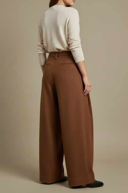 Pantalon À Pince Marron Large Plissé Élégant Femme - Laine - vue 2