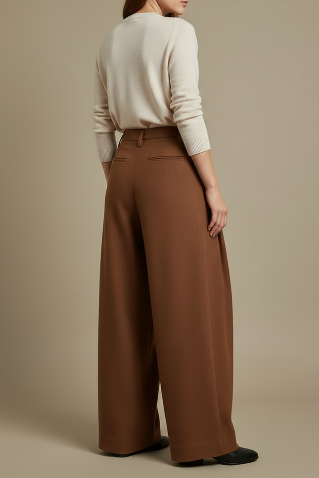 Pantalon À Pince Marron Large Plissé Élégant Femme - Laine - vue 2