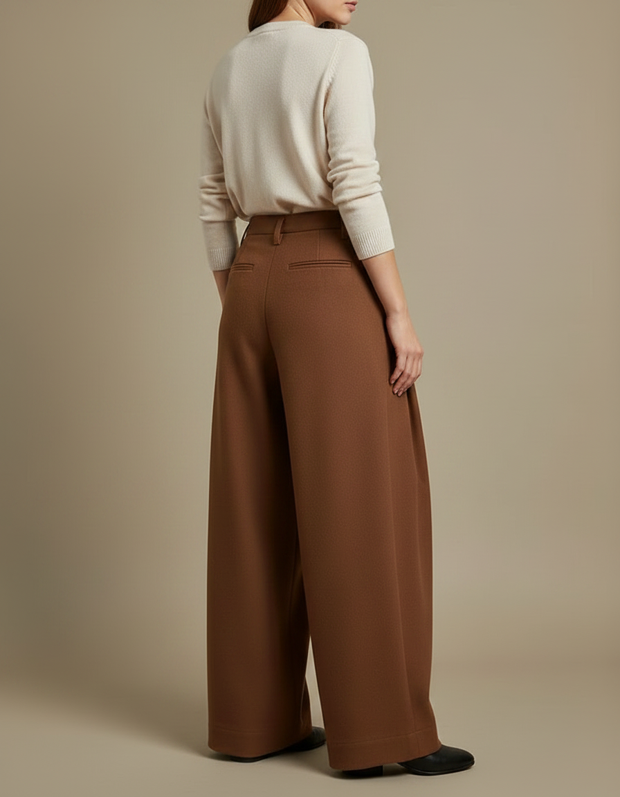 Pantalon À Pince Marron Large Plissé Élégant Femme - Laine - vue 2