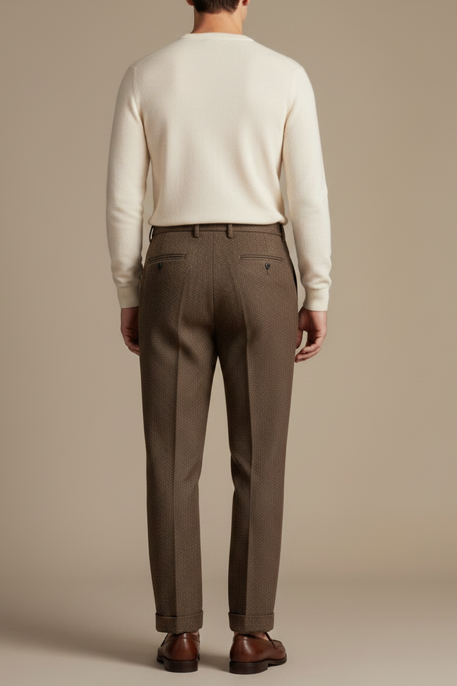 Pantalon À Pince Marron Laine Plissé Droit Élégant Homme - Tweed - vue 2