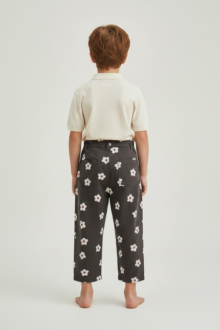 Pantalon À Pince Gris Fleurs Blanches Ample Enfant Coton - vue 2