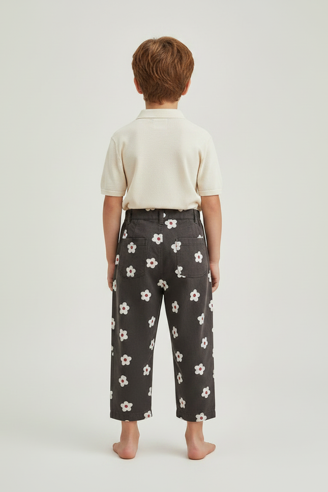 Pantalon À Pince Gris Fleurs Blanches Ample Enfant Coton - vue 2
