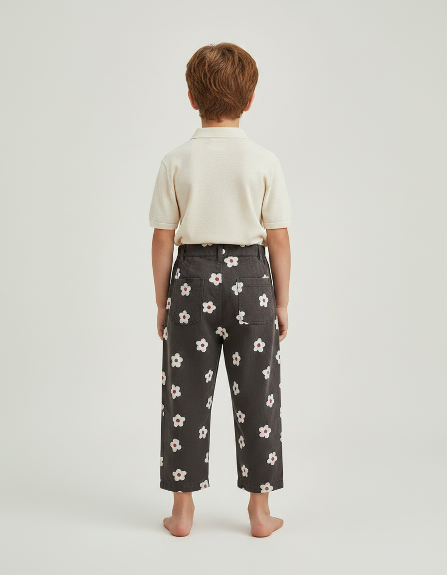 Pantalon À Pince Gris Fleurs Blanches Ample Enfant Coton - vue 2