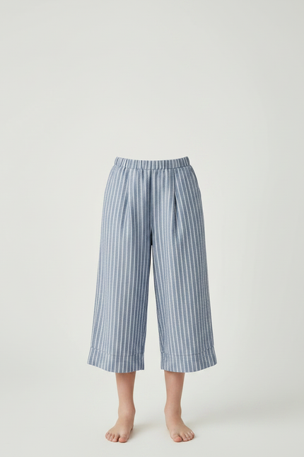 Pantalon À Pince Rayé Bleu Coton Fluide Court - vue 3