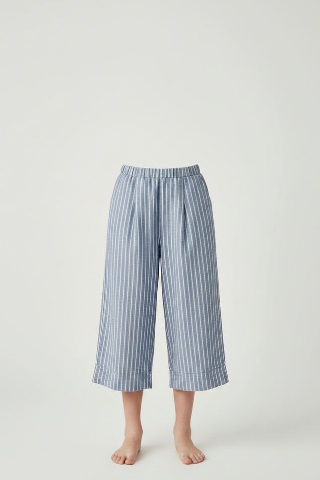 Pantalon À Pince Rayé Bleu Coton Fluide Court - vue 3