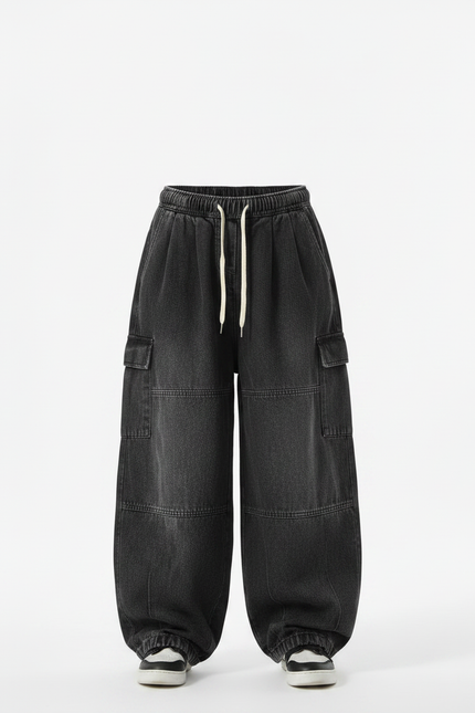 Pantalon À Pince Noir Cargo Ample Cordon Décontracté - Jean - vue 3