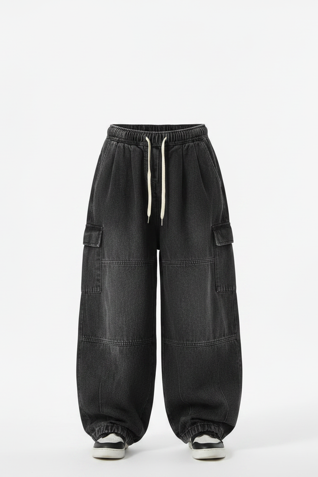 Pantalon À Pince Noir Cargo Ample Cordon Décontracté - Jean - vue 3
