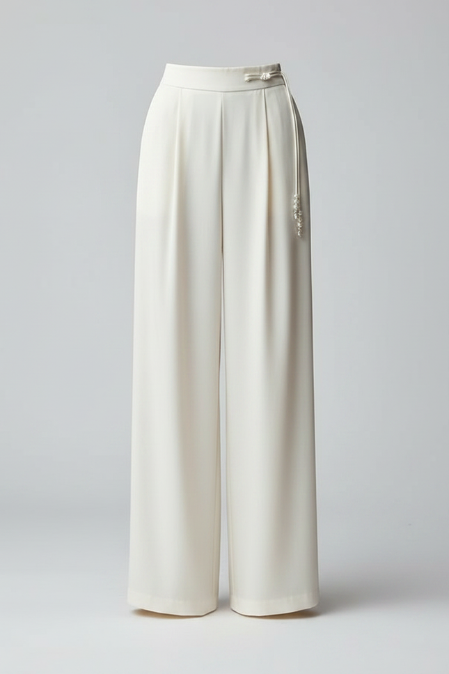 Pantalon À Pince Blanc Cassé Plissé Ample Fluide - Beige Polyester - vue 3