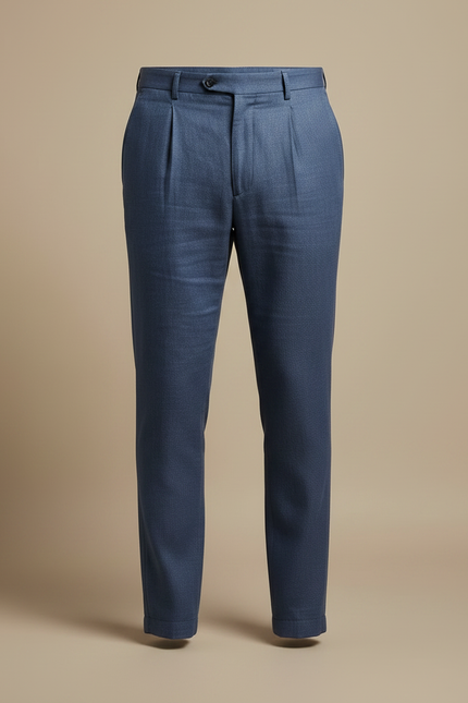 Pantalon À Pince Bleu Lin Plissé Décontracté Homme - vue 3