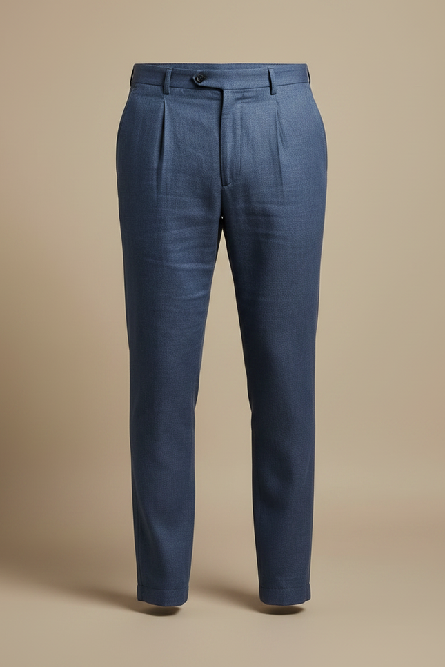 Pantalon À Pince Bleu Lin Plissé Décontracté Homme - vue 3