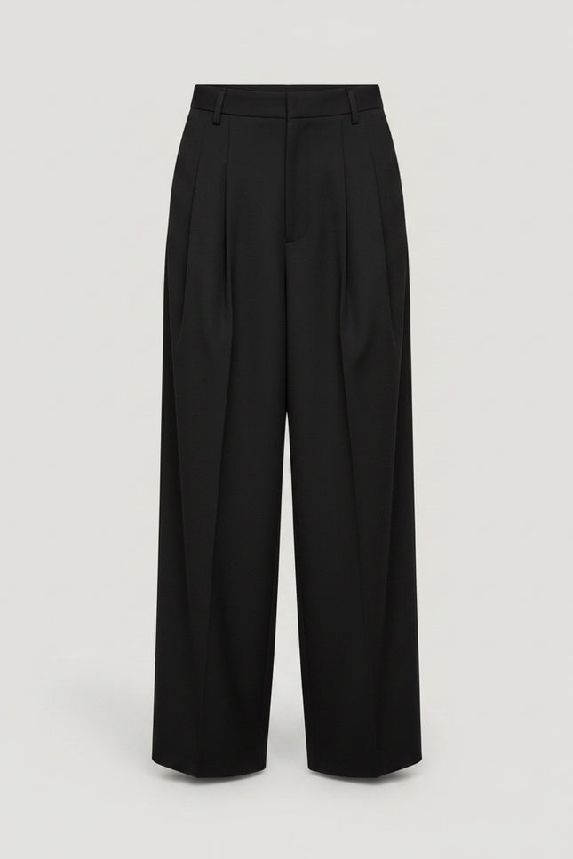 Pantalon À Pince Noir Ample Plissé Taille Haute Femme - Gabardine - vue 3