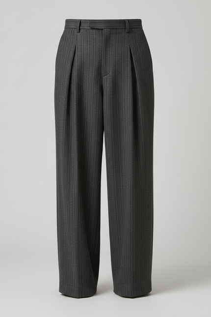 Pantalon À Pince Gris Rayé Ample Plissé Élégant - Laine - vue 3