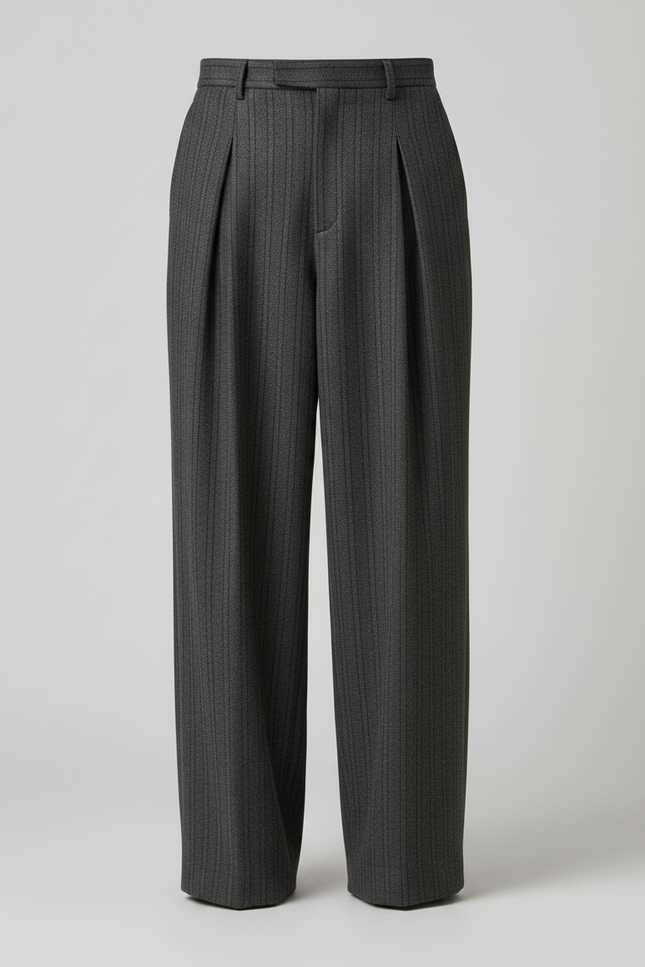 Pantalon À Pince Gris Rayé Ample Plissé Élégant - Laine - vue 3