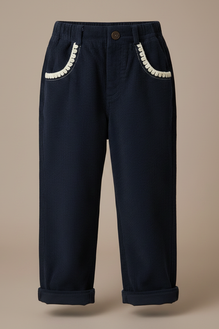 Pantalon À Pince Velours Côtelé Marine Brodé Fille - Cordé - vue 3