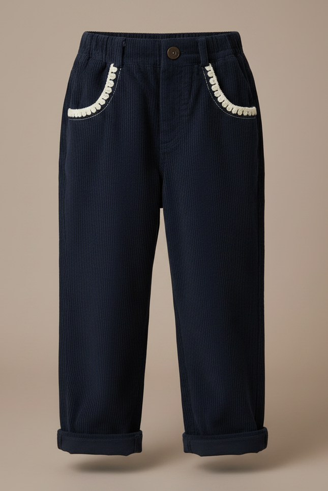 Pantalon À Pince Velours Côtelé Marine Brodé Fille - Cordé - vue 3