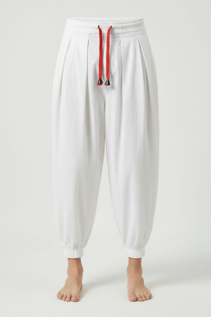 Pantalon À Pince Blanc Ample Coton Plissé Décontracté - vue 3
