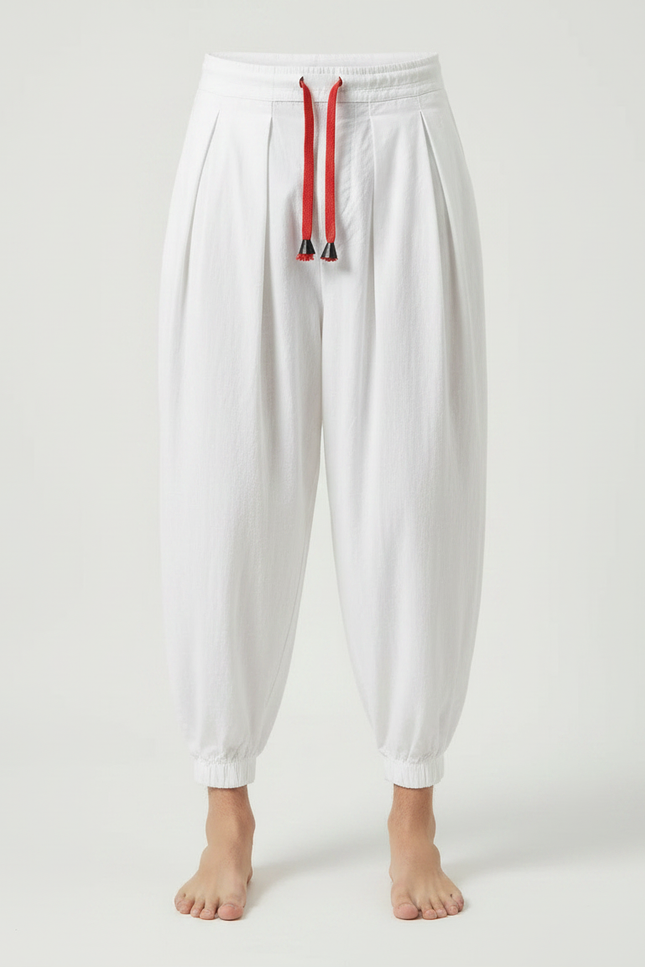 Pantalon À Pince Blanc Ample Coton Plissé Décontracté - vue 3