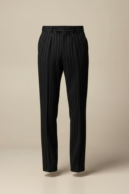 Pantalon À Pince Noir Rayé Plissé Ample Élégant Homme - Laine - vue 3